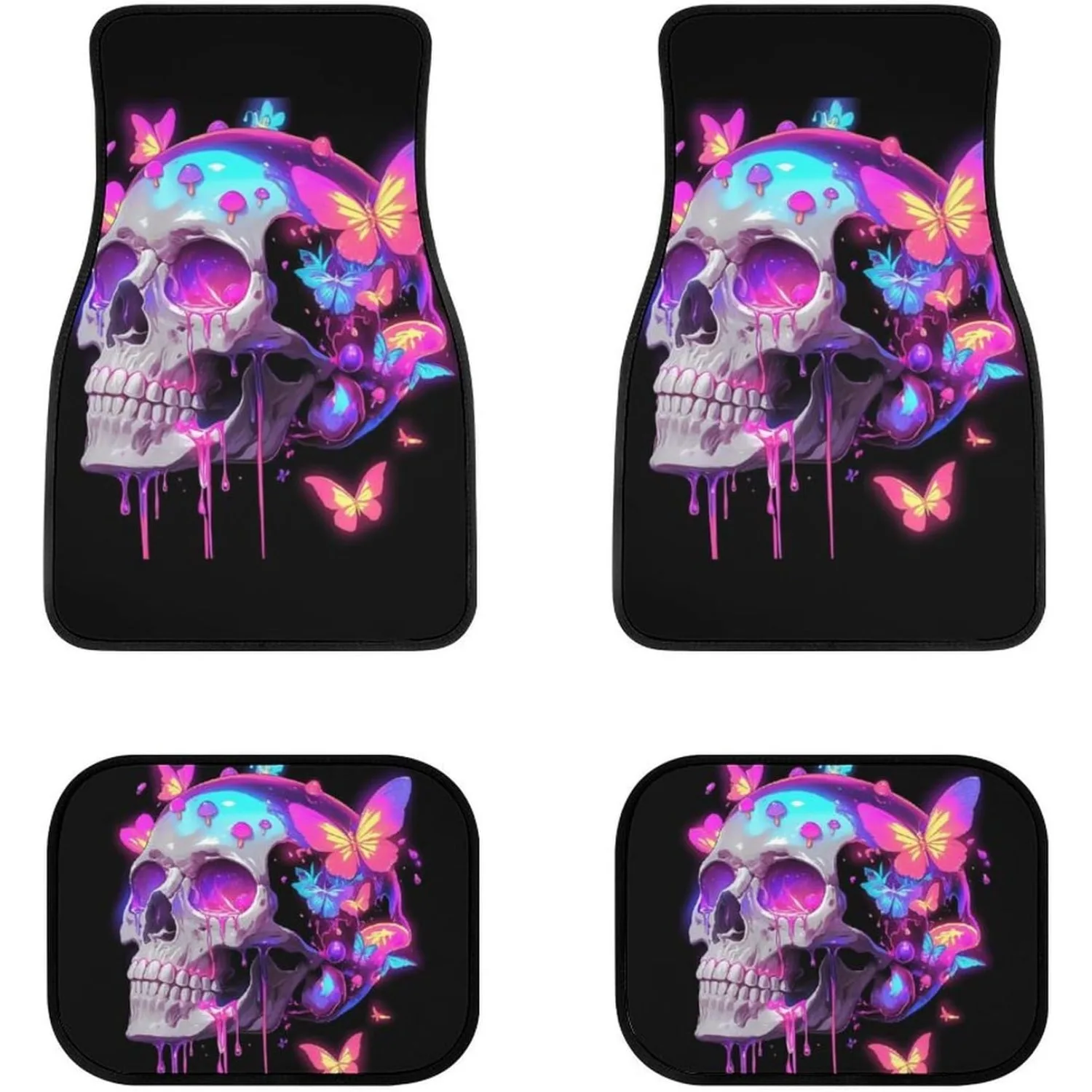 Skull With Neon Butterflies 4pcs Car Floor Mats Front And Rear Rubber Backing Carpet, Auto Foot Mats All Weather Universal Fit C