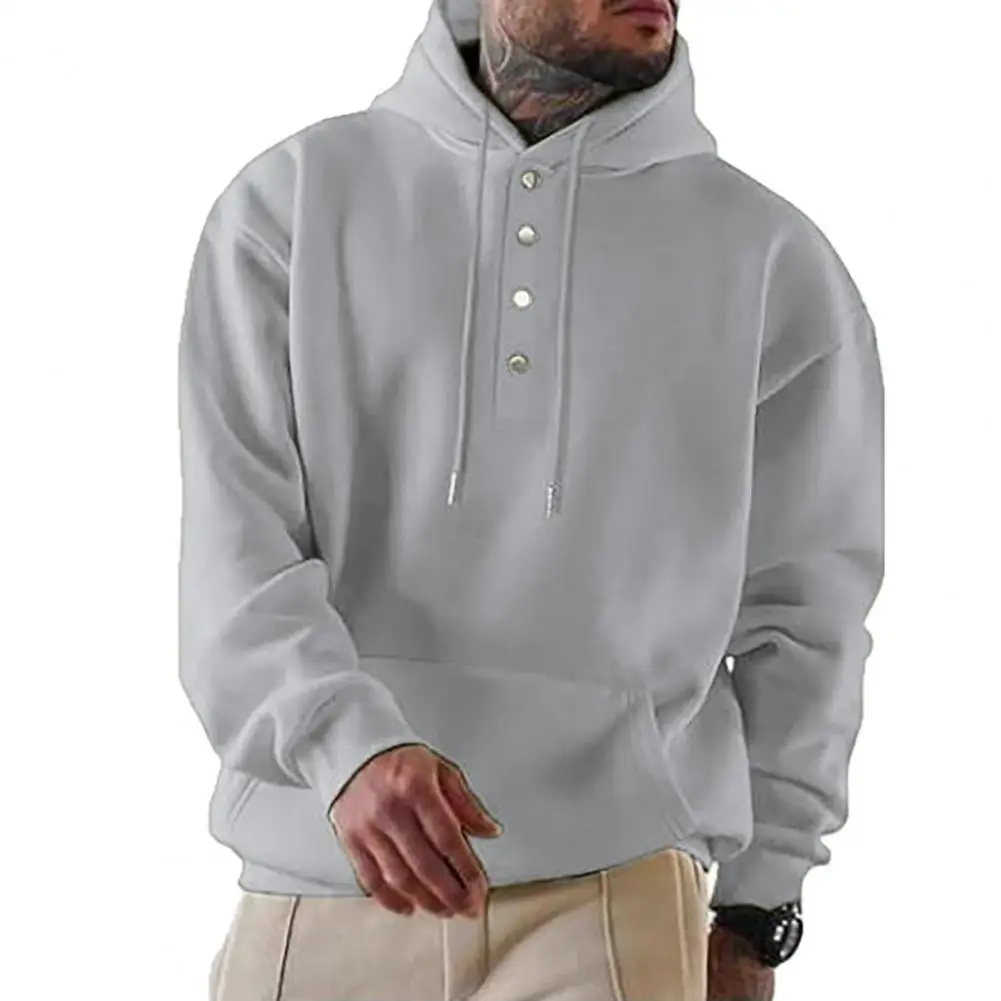 Men Warm Hoodie Solid Color Half Single-breasted Men's Hoodie Warm Stylish Pullover with Drawstring Button Decor Men