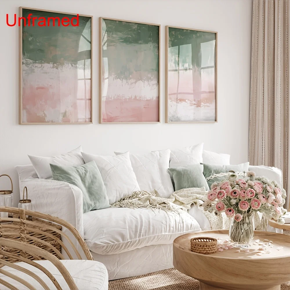 3PCS frameless decorative art print,Abstract Pink Green Ocean Beach Canvas Poster Modern Minimalist Coastal Wall Art Print Decor