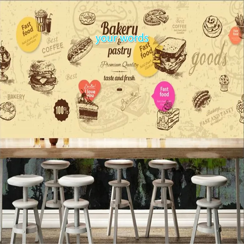 

Custom Hand-painted Fast Food Wall Paper 3D Western-style Restaurant Dessert Shop Industrial Decor Background Mural Wallpaper 3D