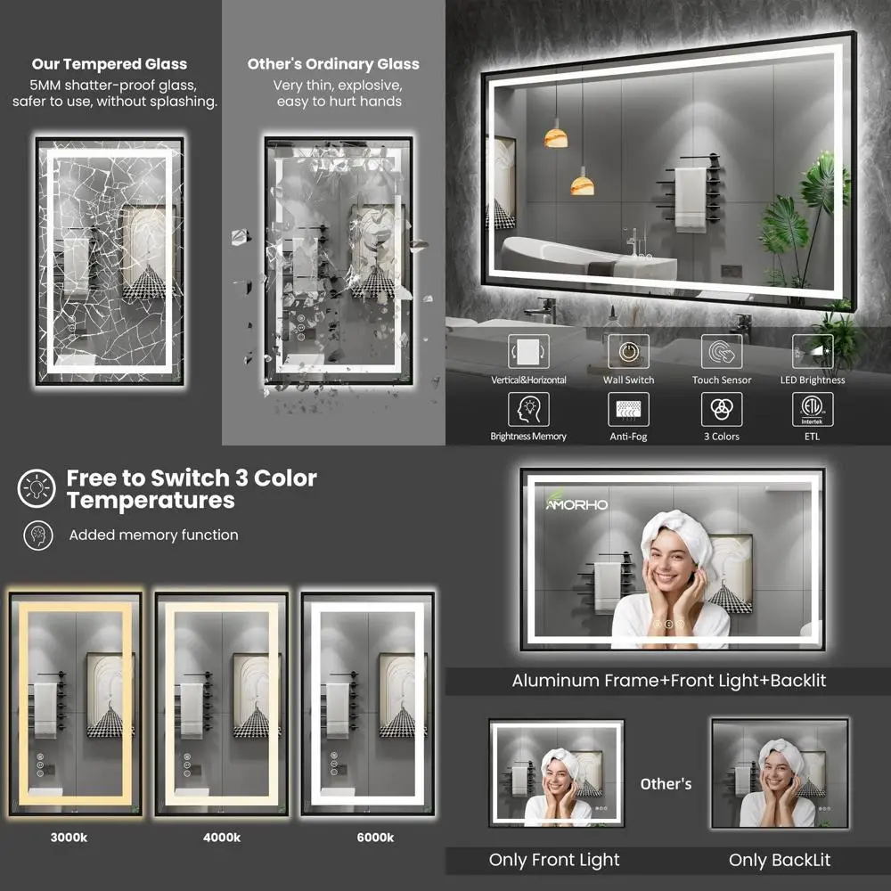 

36 светодиодных зеркал с черной рамкой, передним и задним освещением, противотуманным покрытием, небьющимся, 3-цветным режимом, косметическим зеркалом с регулируемой яркостью