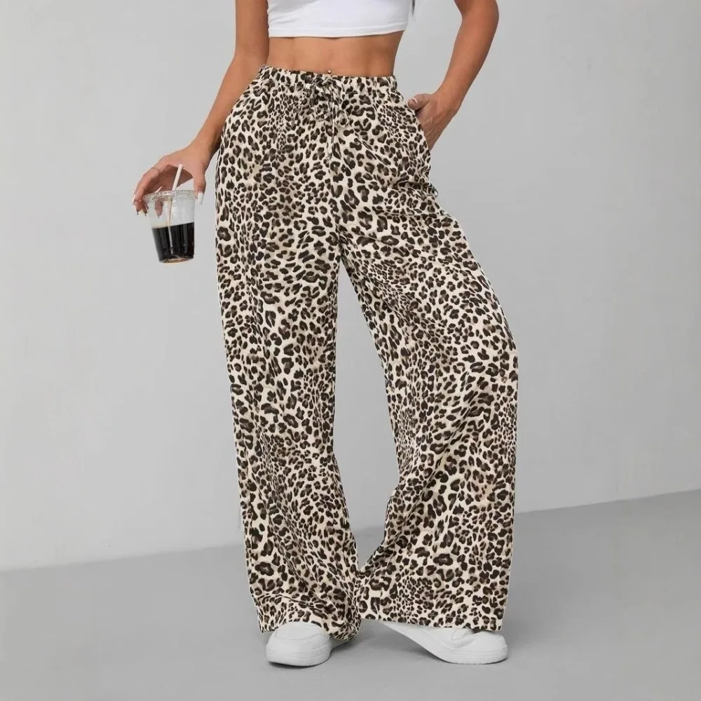 Fashion Lace-up Leopard Print Pants Baggy Vintage Loose Trousers Comfortable Casual Floor Length Britches Summer