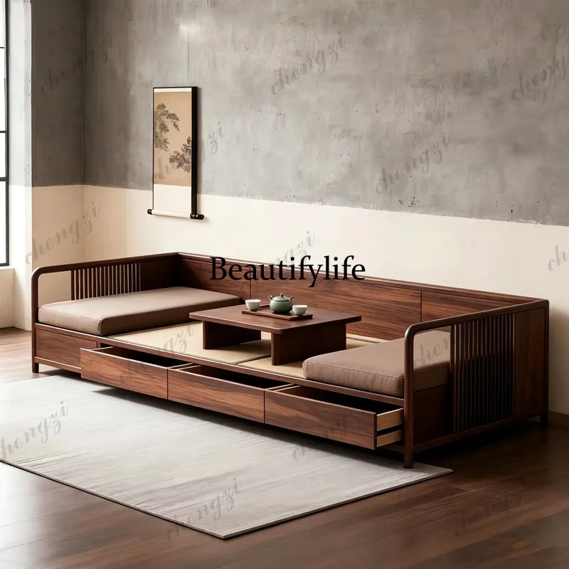 New Chinese black walnut push-pull storage Arhat bed solid wood bed tea room with drawer bed
