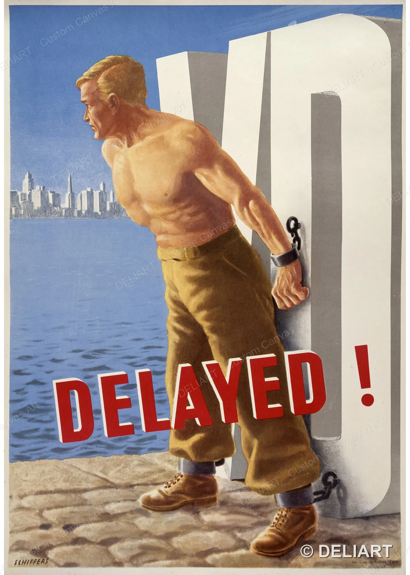 A soldier chained to the letters VD and therefore unable t Vintage WWII Propaganda Canvas Wall Art Poster Print Unframed