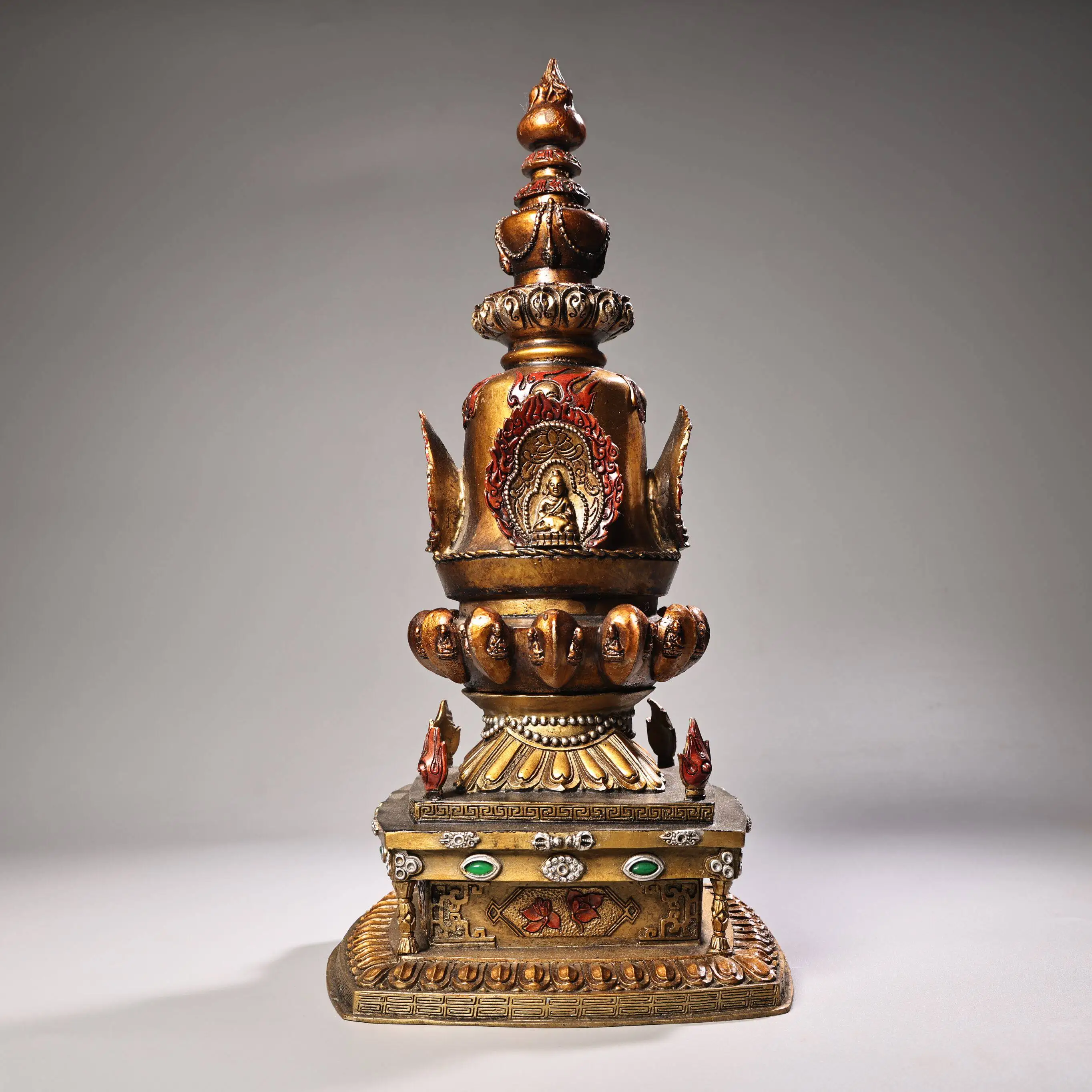 Vintage Old Copper Painted Gold Buddhist Stupa Statue Heavy Patina Fine Craftsmanship Home Decor