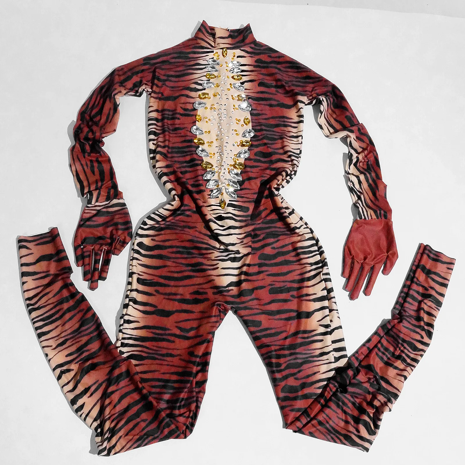 

Halloween Tiger Animal Jumpsuit Sparkling Rhinestones Elastic Dance Costume Female Singer Commercial Performance Stage Costume