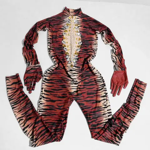 Halloween Tiger Animal Jumpsuit Sparkling Rhinestones Elastic Dance Costume Female Singer Commercial Performance Stage Costume