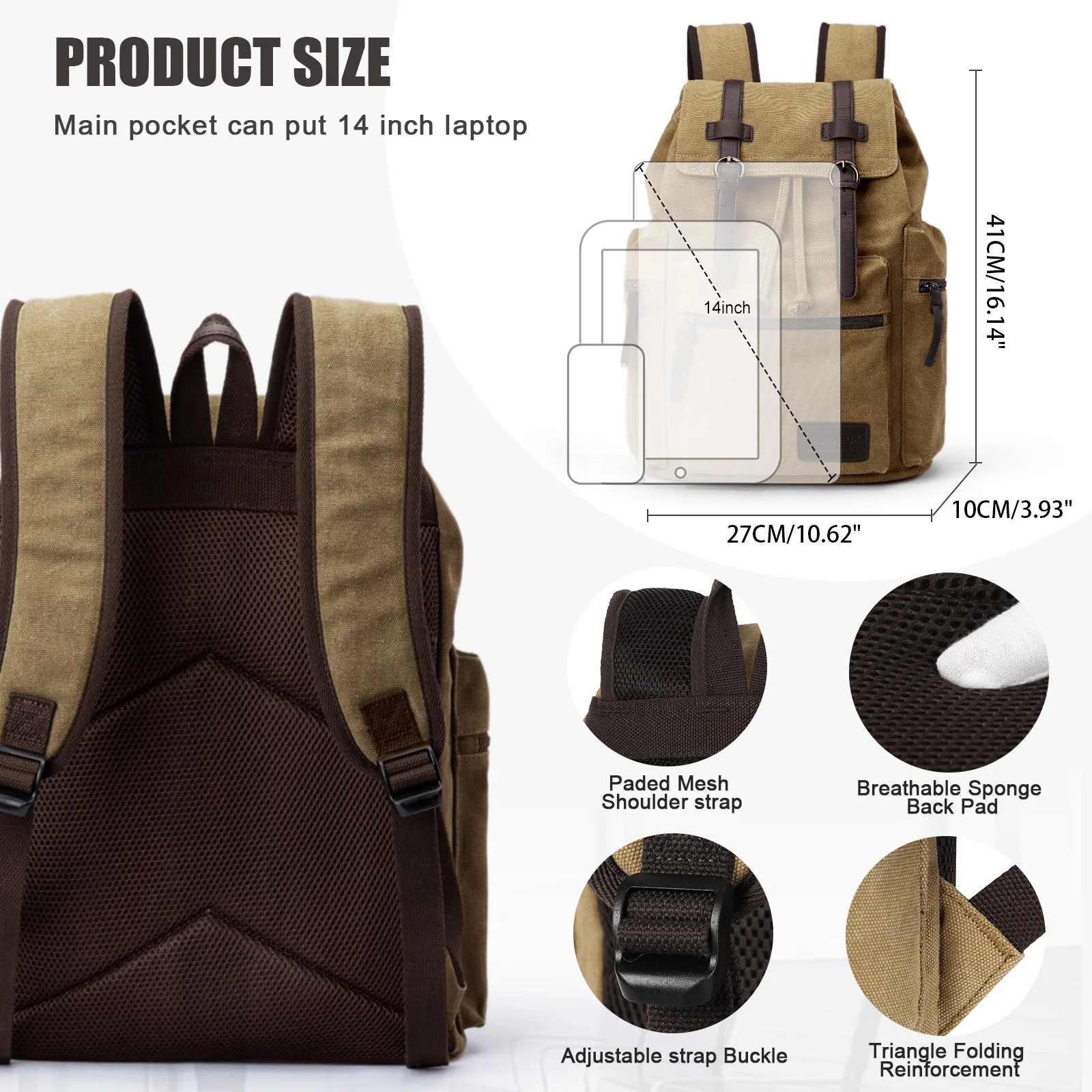 Large Vintage Canvas Backpack,14 Inch Work Laptop Bags College Shoulder Bag, Hiking Travel Backpack for Men Schoolbag Bags ﻿