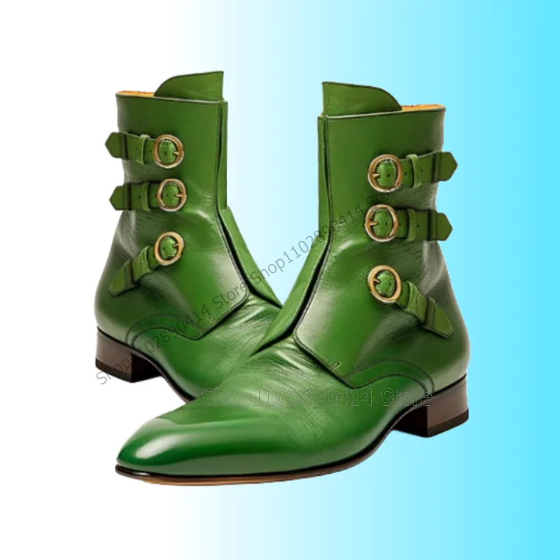 Decoração de fivela verde masculina meados bezerro botas, dedo do pé quadrado, deslizamento, luxuoso, artesanal, festa, banquete, escritório, sapatos de vestido, moda