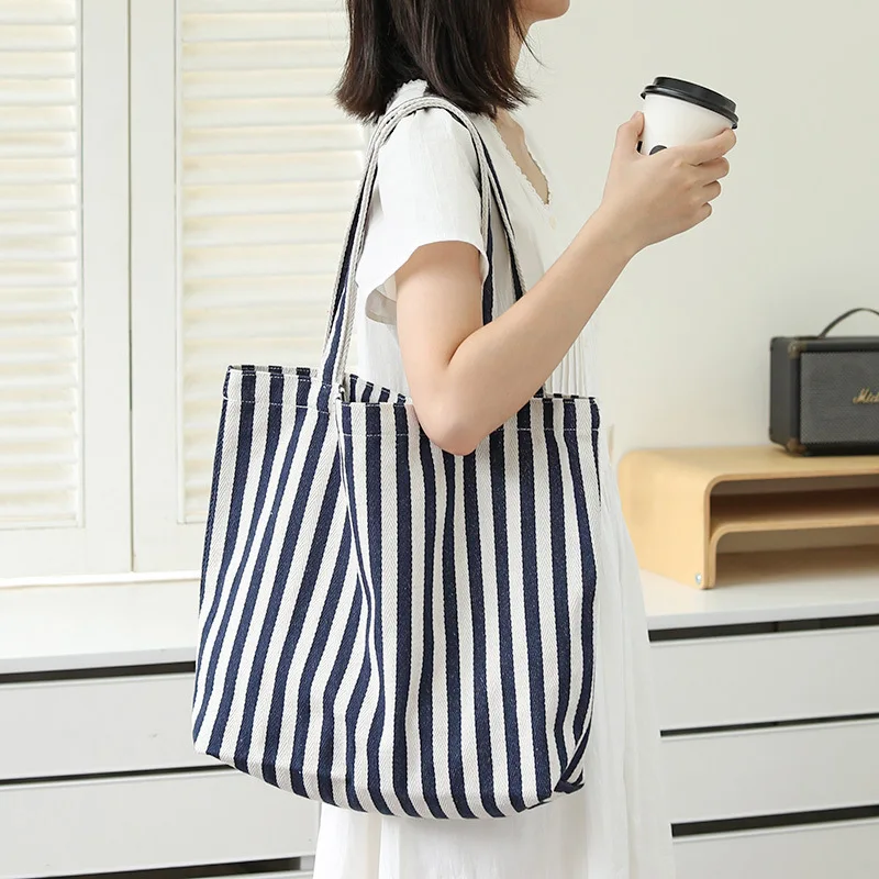 Women's Bag Japanese Casual Big Capacity Tote Bag Versatile Canvas Handbag Striped Fashionable Funny Simple Single Shoulder Bag