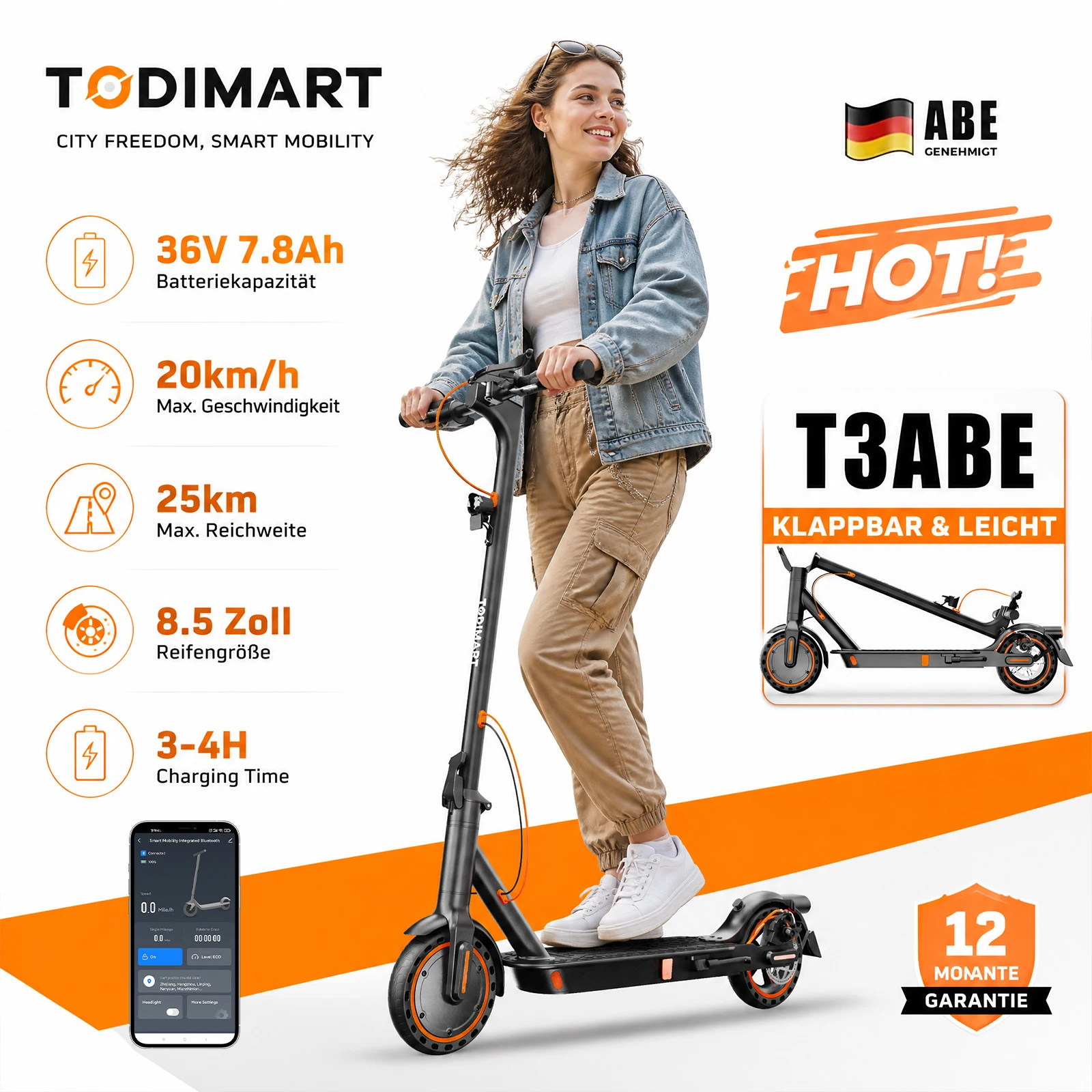 TODIMART N3B Faltbar Elektroroller, ABE-geprüft Elektro-Scooter, 36 V, 7.8 Ah Akku, 8.5-Zoll-Schlauchlosreifen, faltbar, 25 km Reichweite, Stadtroller für Erwachsene
