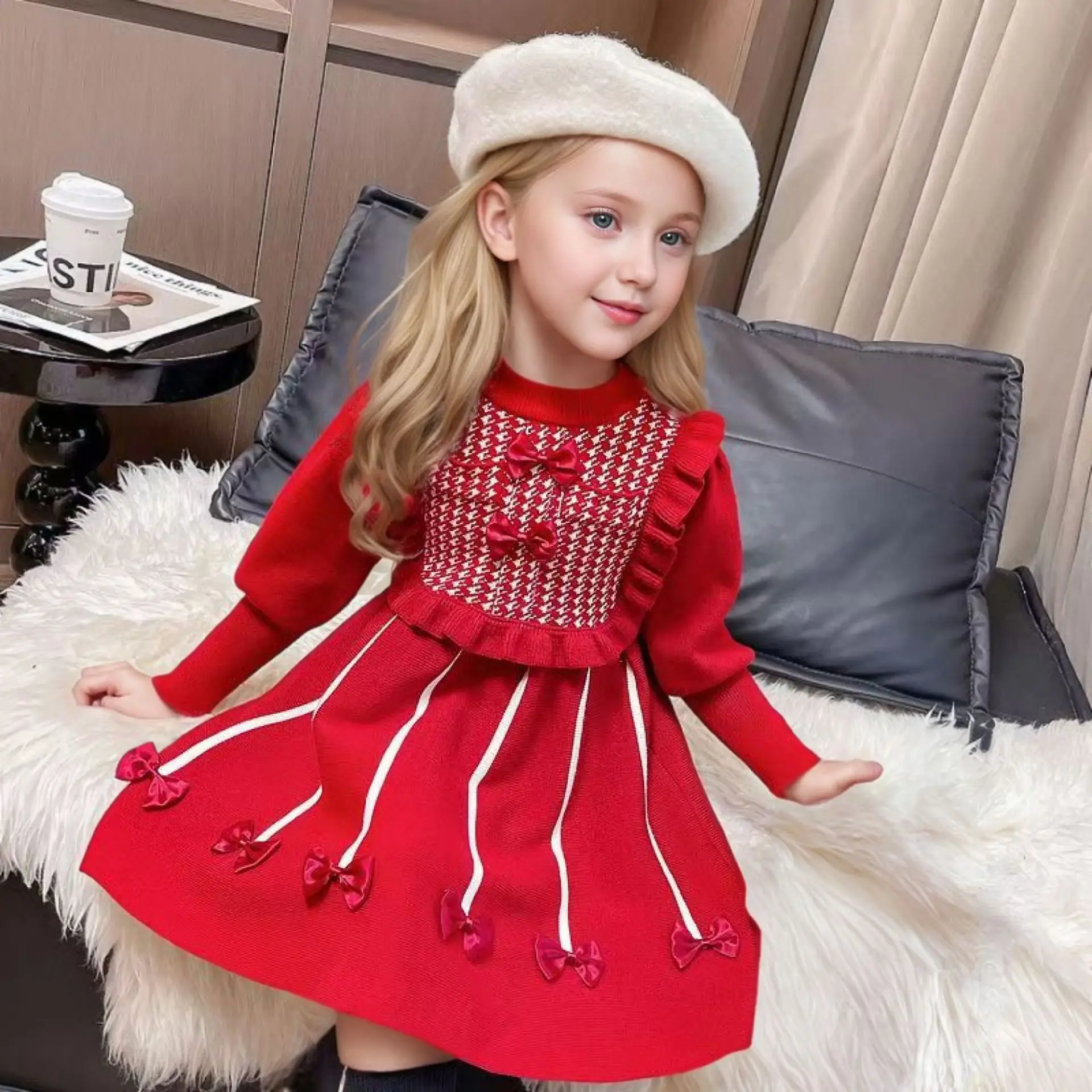 Korean Winter Children Girl Dress Cotton Fleece Kids Girls Princess Dress Loose Red Spliced Little Girl Ruched Dress Belle Dress