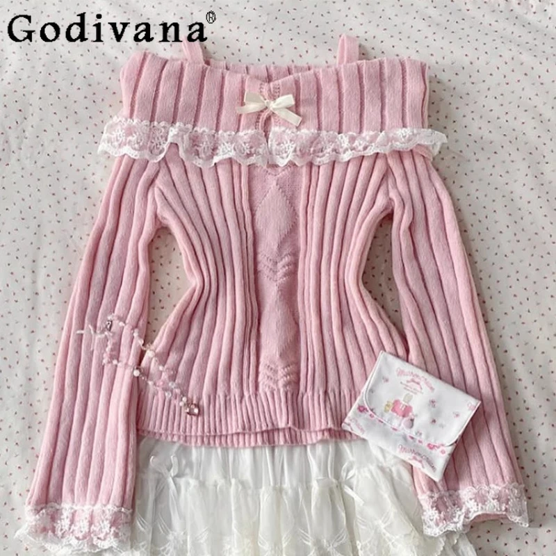 가을 새로운 아름다운 리본 스웨터 여성용 오리지널 프렌치 패션 달콤한 스웨터 여성용 긴 소매 핑크 레이스 로리타 스웨터