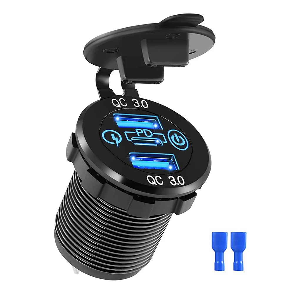 

Автомобильная USB-розетка 12В из алюминия с двумя портами QC3.0 и PD3.0 USB-C, мультипортовое зарядное устройство с выключателем питания для автомобиля, лодки, автофургона, морского транспорта, квадроцикла