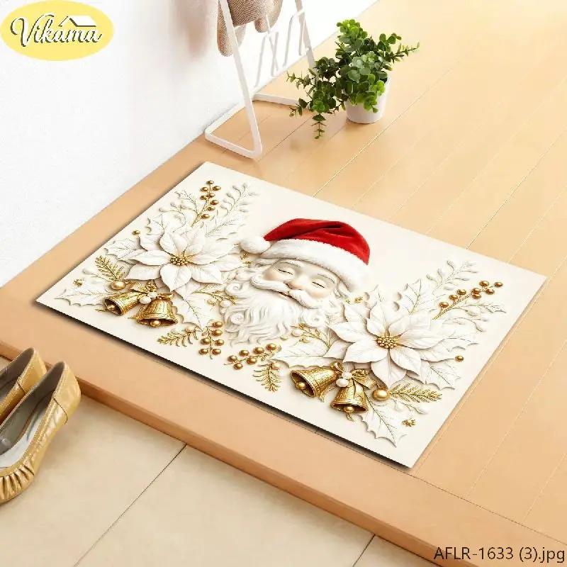 VIKAMA Santa Claus Christmas Rug Embossed Luxury Print Non-Slip Absorbent Farmhouse Entryway Mat, Winter Holiday Home Decor Gift
