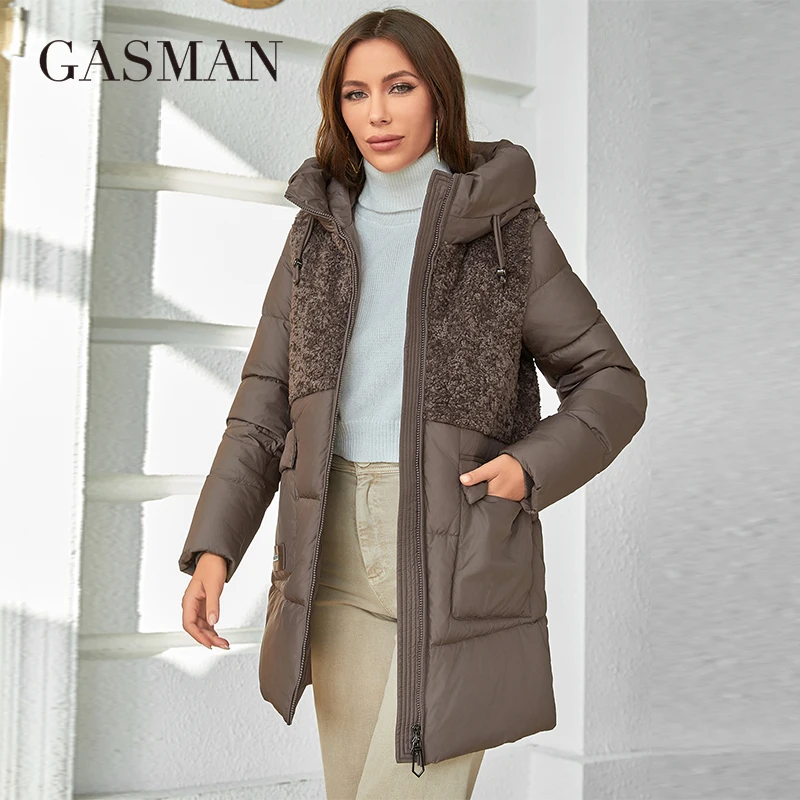 GASMAN 2023 Solid Color Fashion Women's Parka Coat Stand Collar Short Slim Fit Casual Hooded Warm Plush Down Jackets 83398