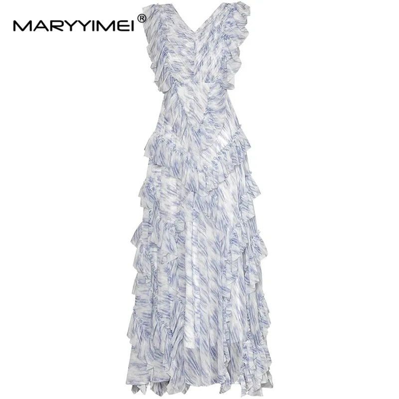 MARYYIMEI-Vestido vintage de manga curta com decote em v feminino, borda babada em camadas, vestido chique elegante, vestidos maxi boêmios estampados, nova moda