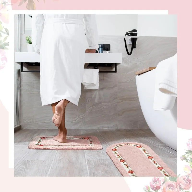 2 Pcs Rose Flowers Bathroom Rugs Set Coquette Room Decor Floral Rugs for Bathroom Bedroom Living Room