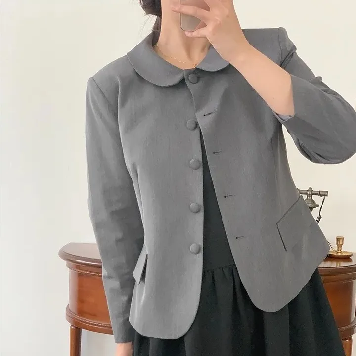 Fashionable Chic Pure Color Long Sleeve Single Button Doll Collar Slimming Versatile Autumn Outerwear Korean Style Women's Su...