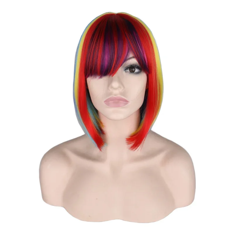 QQXCAIW Women Short Straight Rainbow Bob Cosplay Wigs with Bangs Party Heat Resistant Synthetic Hair Wigs