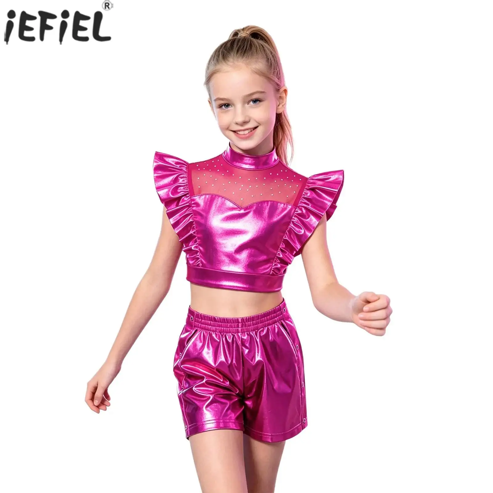 Kids Girls Hip Hop Jazz Street Dance Outfit Sleeveless Mesh Rhinestone Metallic Crop Top with Shiny Shorts for Stage Performance