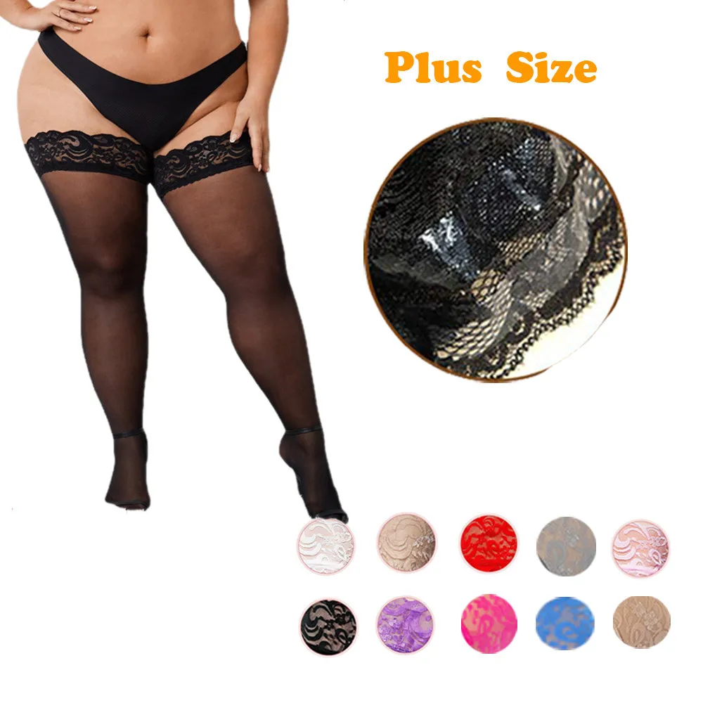 Plus Size Lace Top Stockings Over Knee Thigh High Sock for Large Size Women Sexy Stay Hold Up Black Stocking Fishnet Long Socks