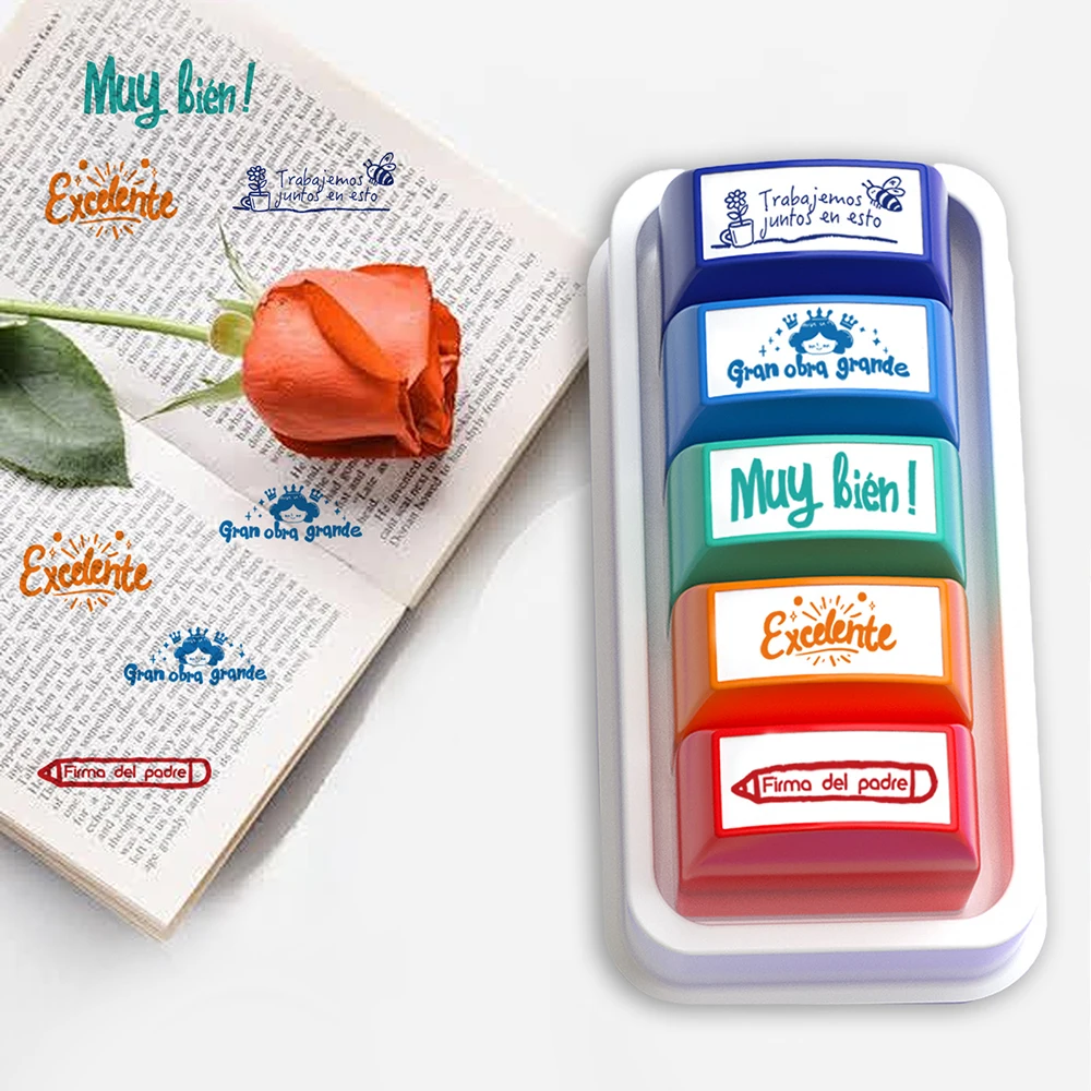 ختم مراجعة المعلم الملون مكون من 5 قطع باللغة الإنجليزية والعربية والبرتغالية الهولندية والإسبانية والروسية يمكن اختيارها لتشجيع الطفل #4