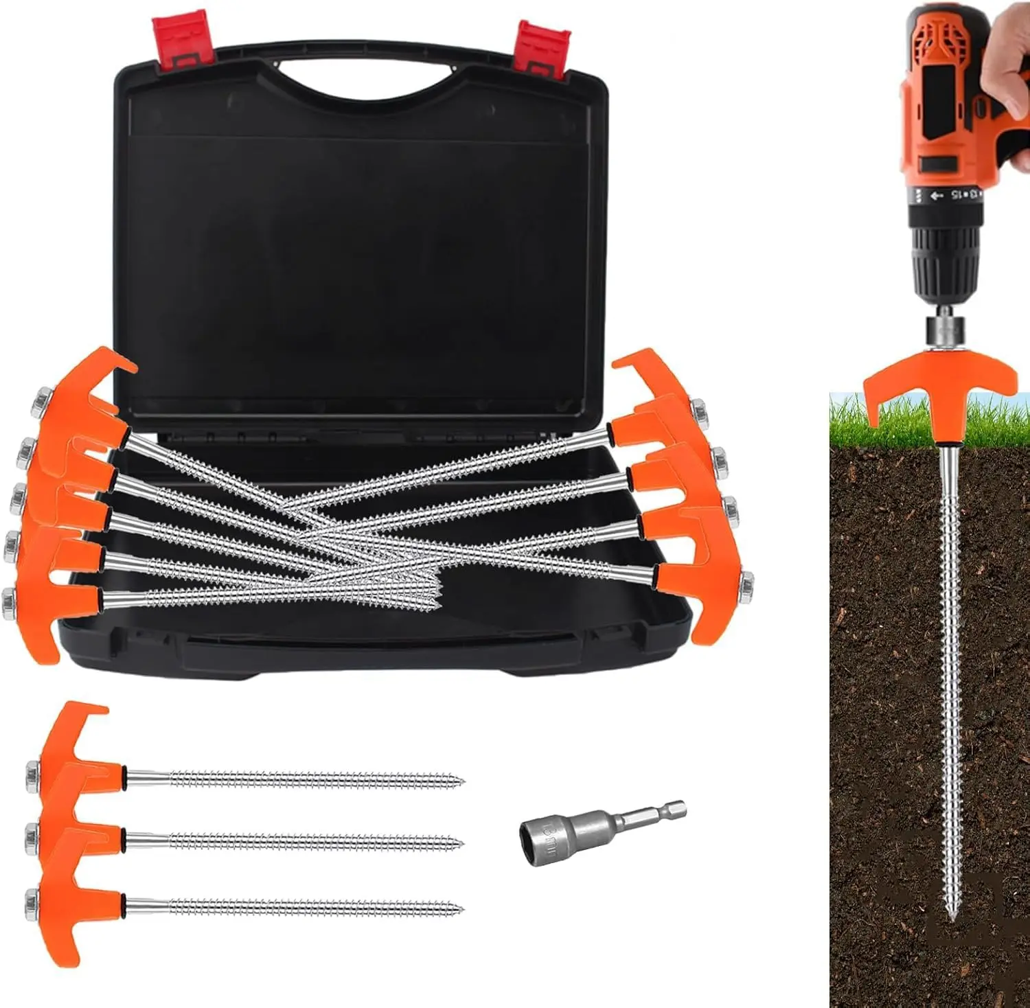 

Усиленные 8-дюймовые вкручиваемые колышки для палаток, 12 штук в упаковке, с коробкой для хранения и шестигранным ключом, для кемпинга, навесов, садоводства