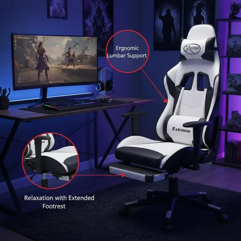 Silla gaming con función reclinable, altura ajustable y giro de 360 grados °   Piel sintética para un asiento ergonómico mientras juegas. Silla gamer ergonómica reclinable con soporte lumbar para oficina y hogar.