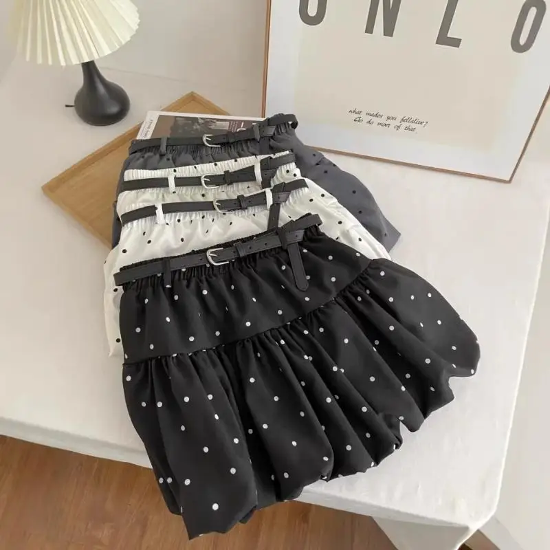 Black Polka Dot Bubble Mini Skirt Adjustable Belt Elastic Waist Perfect For Daily Wear Dating Casual Outings