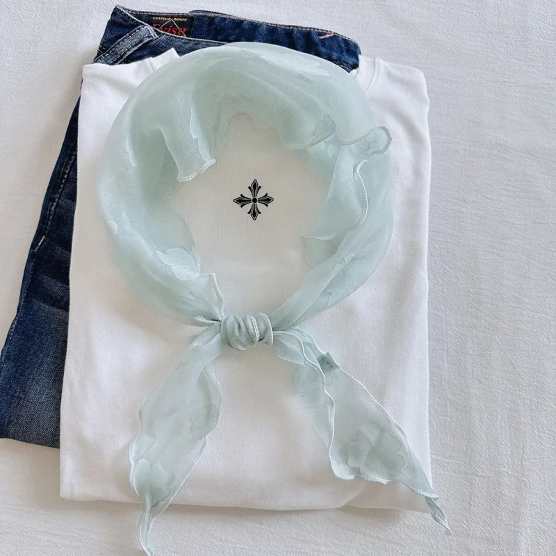 

Organza silk scarf with ribbons women, jacquard pattern, sweet and, spring/summer scarf, breathable decorativ