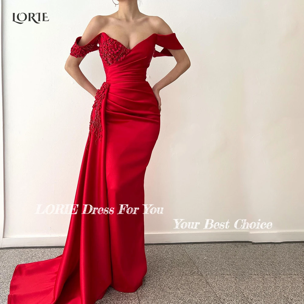 LORIE Red Bride Evening Dresses Off Shoulder Beadings Dubai Mermaid Celebrity Gowns Bodycon Pleated Arabia Formal Party Dress