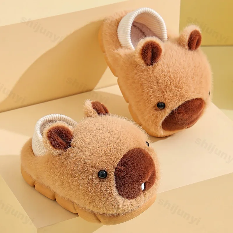 

Capybara Children Slippers Cute Fluffy Cotton Slippers 2025 Winter New Warm Plush Comfortable Indoor Cartoon Floor Home Slippers