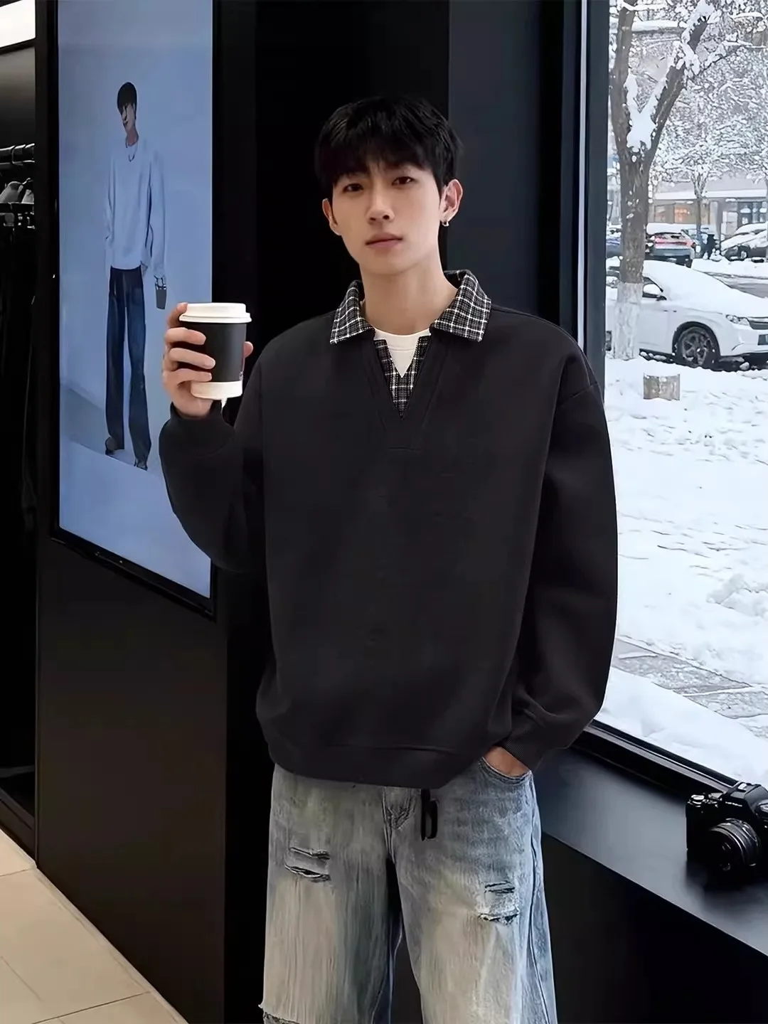 

Мужская толстовка Cleanfit в клетку с V-образным вырезом, длинным рукавом, имитация двухслойности, свободный крой, удобная, весенняя, в американском стиле