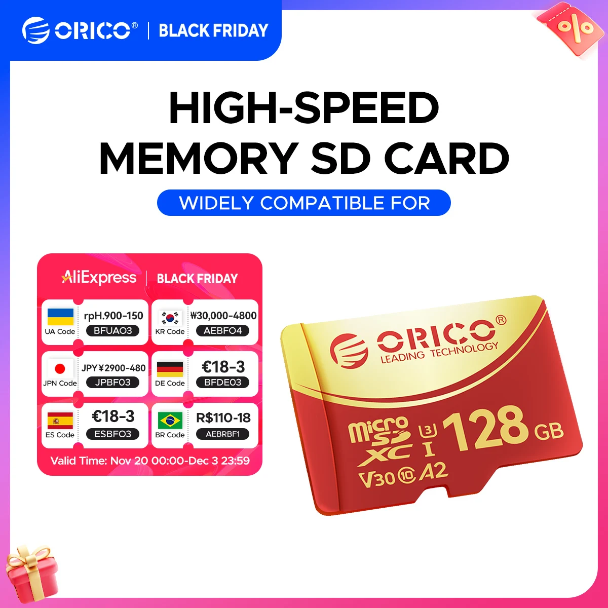 ORICO 256GB Micro SD microSDXC R/W Up to180MB/s Full HD and 4K UHD C10, U3, V30, 4K, A2 for Camera Drone Dash Cam