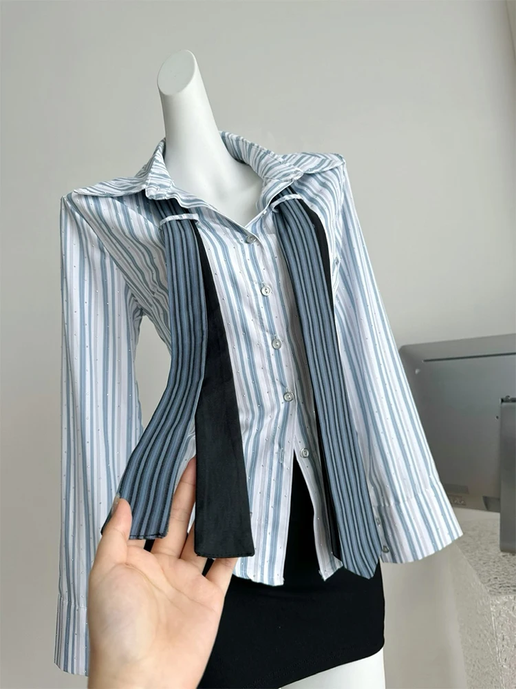 Autumn Women Old Money Vintage Striped Shirts With Tie Long Sleeve Slim Blouses Mori Girl Elegant 2000s Aesthetic Preppy Korean