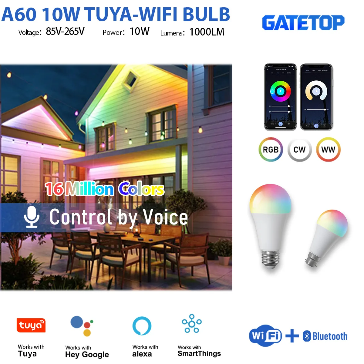 

1-10PCS 10W B22 E27 RGB Smart LED Bulb Tuya WiFi Colorful AC110V 220V Dimmable Light APP Alexa Google Home Alice Voice Control