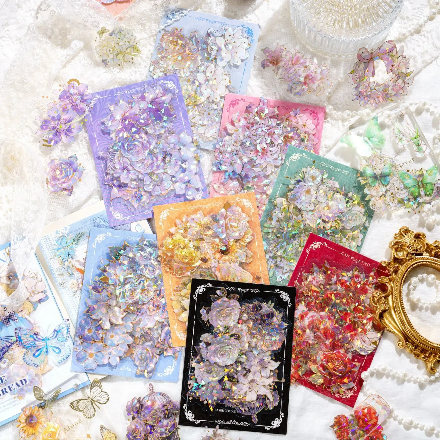 Lot de 20 autocollants PET de la série Boundless Floral Spectrum, décorations pour journal en or laser effet cristal de glace