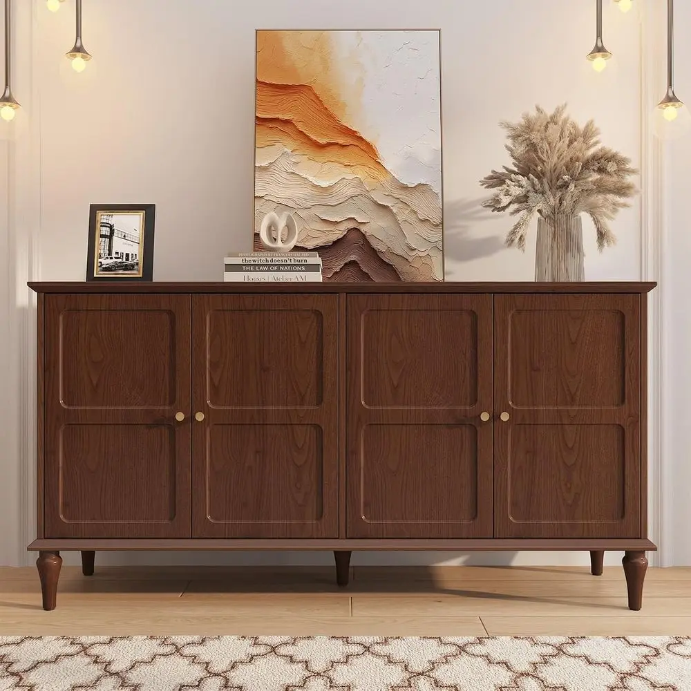 

58 Modern Storage Cabinet with 4 Doors & Adjustable Shelves - Brown Accent Sideboard for Entryway, Dining & Living Rooms