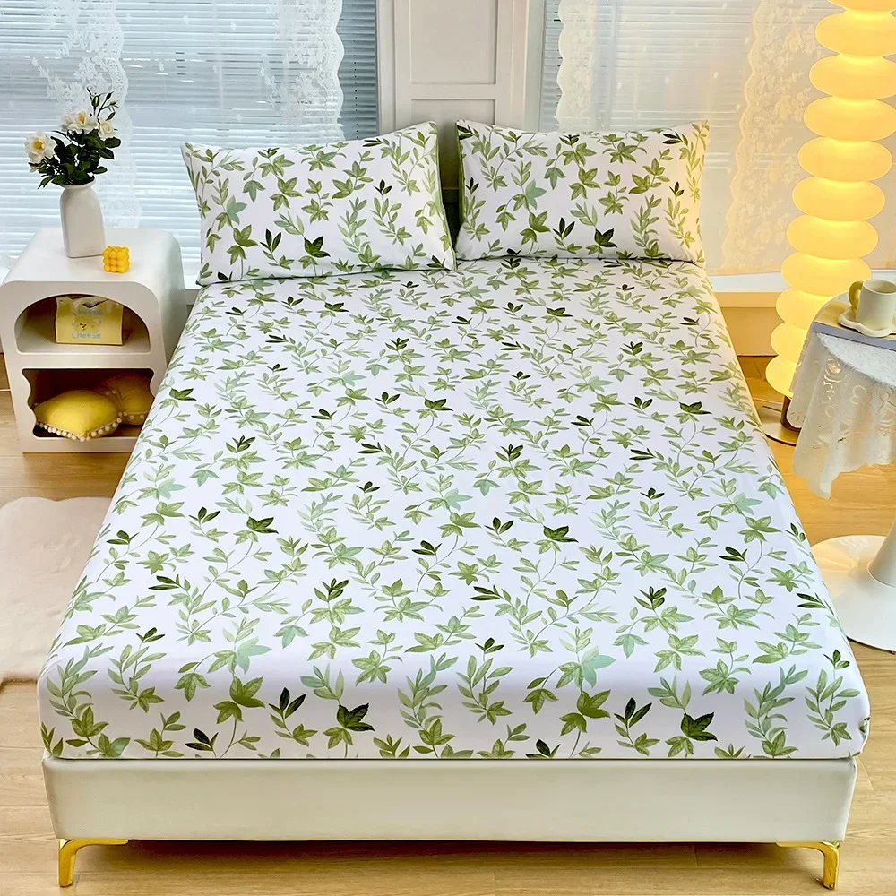 3Pcs Green Leaf Flower Fitted Sheet Set, 1Pc 120/150/180cm Fitted Sheet and 2*pillowcases All Season for Bedroom Bedspread