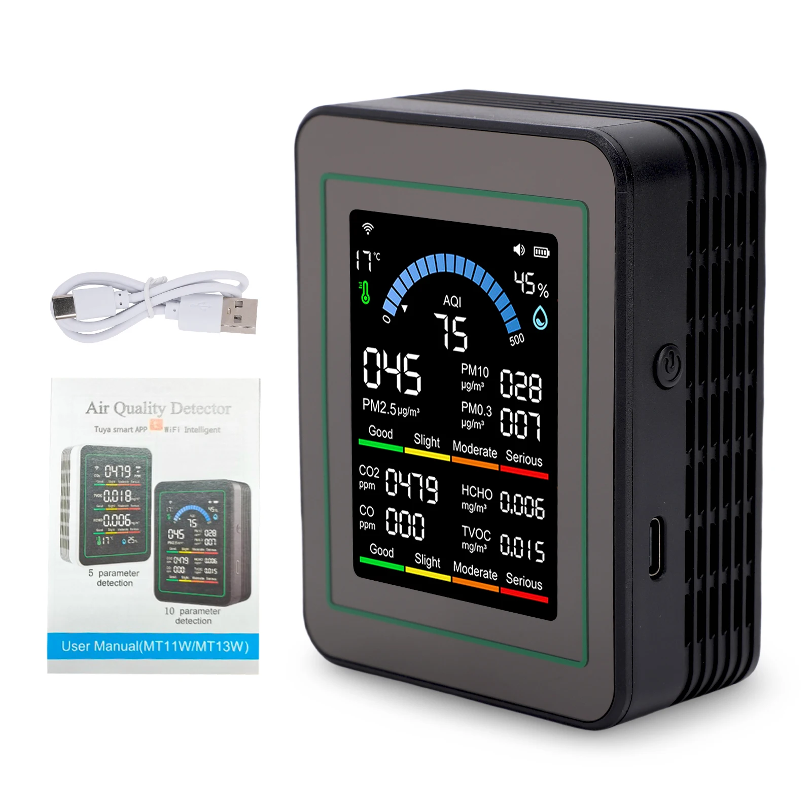 

Многофункциональный монитор качества воздуха 10-в-1 с цветным ЖК-экраном для дома и офиса: PM0.3, PM2.5, PM10, CO, CO2, HCHO, TVOC, температура, влажность