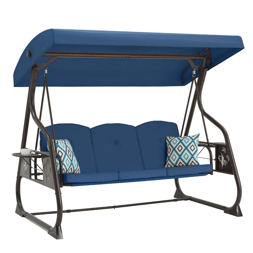 3-Seat Patio Porch Swing 800LBS Outdoor Swing with Stand w/Canopy & Adjustable Backrest Patio Glider Chair w/Removable