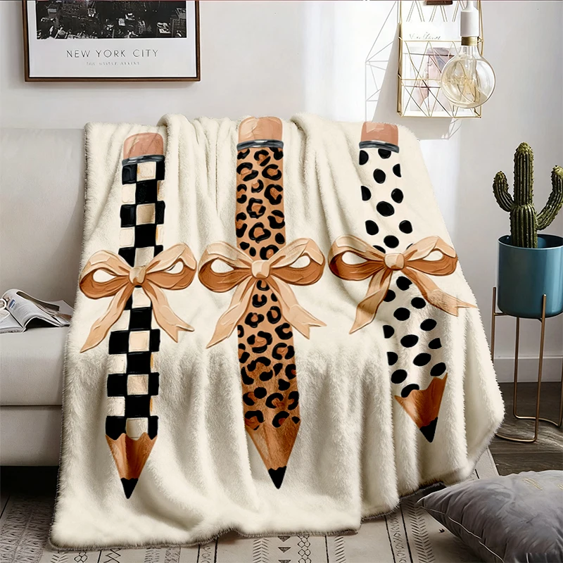 Coquette Pencil Flannel Blanket, Teacher Aesthetic Flannel Throw, Leopard Bow Cozy Blanket, School Graphic