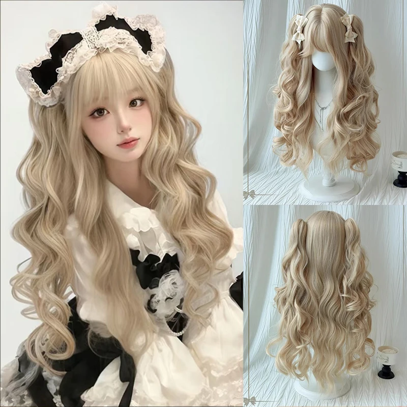 

【 Сырная милая】 Парик Лолиты полной длины с кремово-белым золотым тигровым ртом и двойными хвостиками