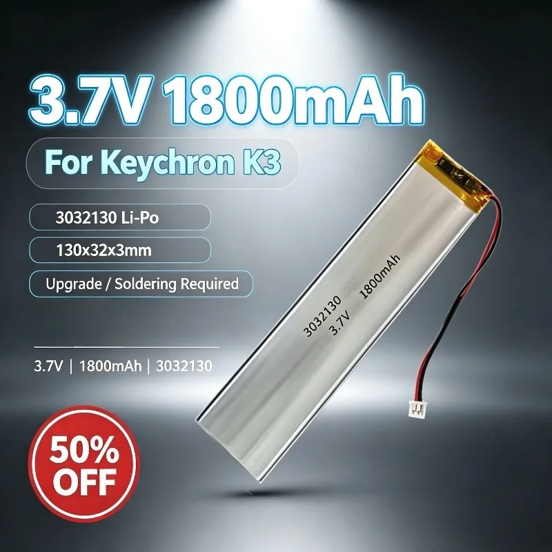 3032130 3.7V 1800mAh Li-Po Battery for Keychron K3 Keyboard Replacement Rechargeable 130x32x3mm