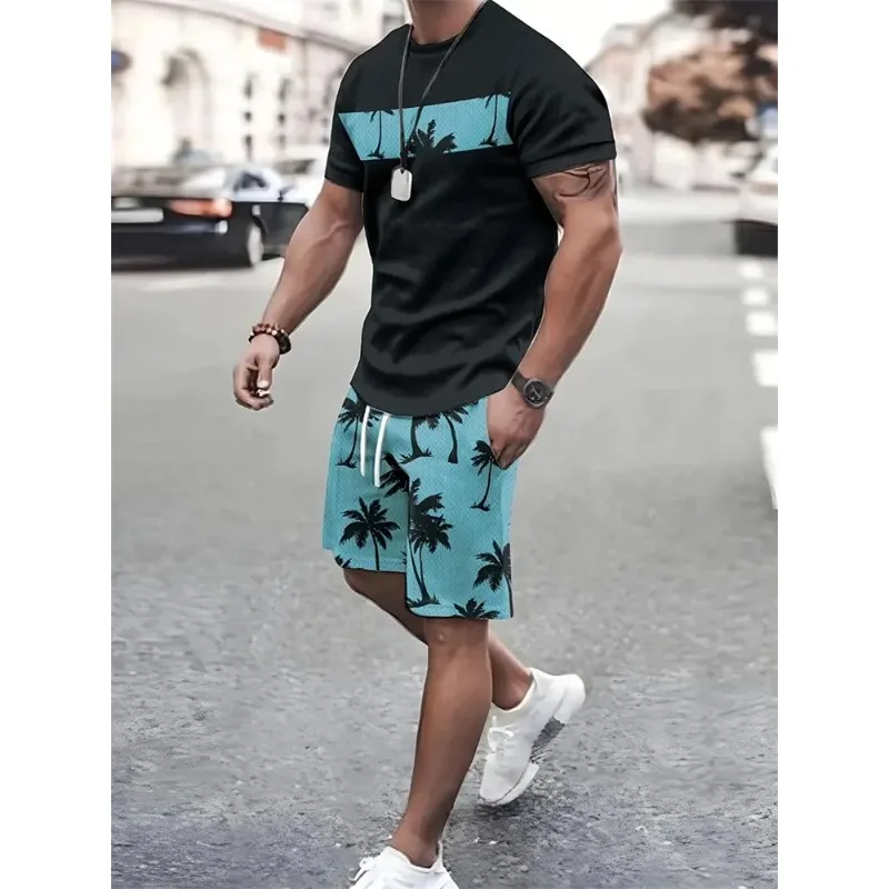 

2025 3D Short Sleeved Loose Top Gradient Coconut Print Summer Fashion T-shirt Shorts Set High Temperament Street Men's Style