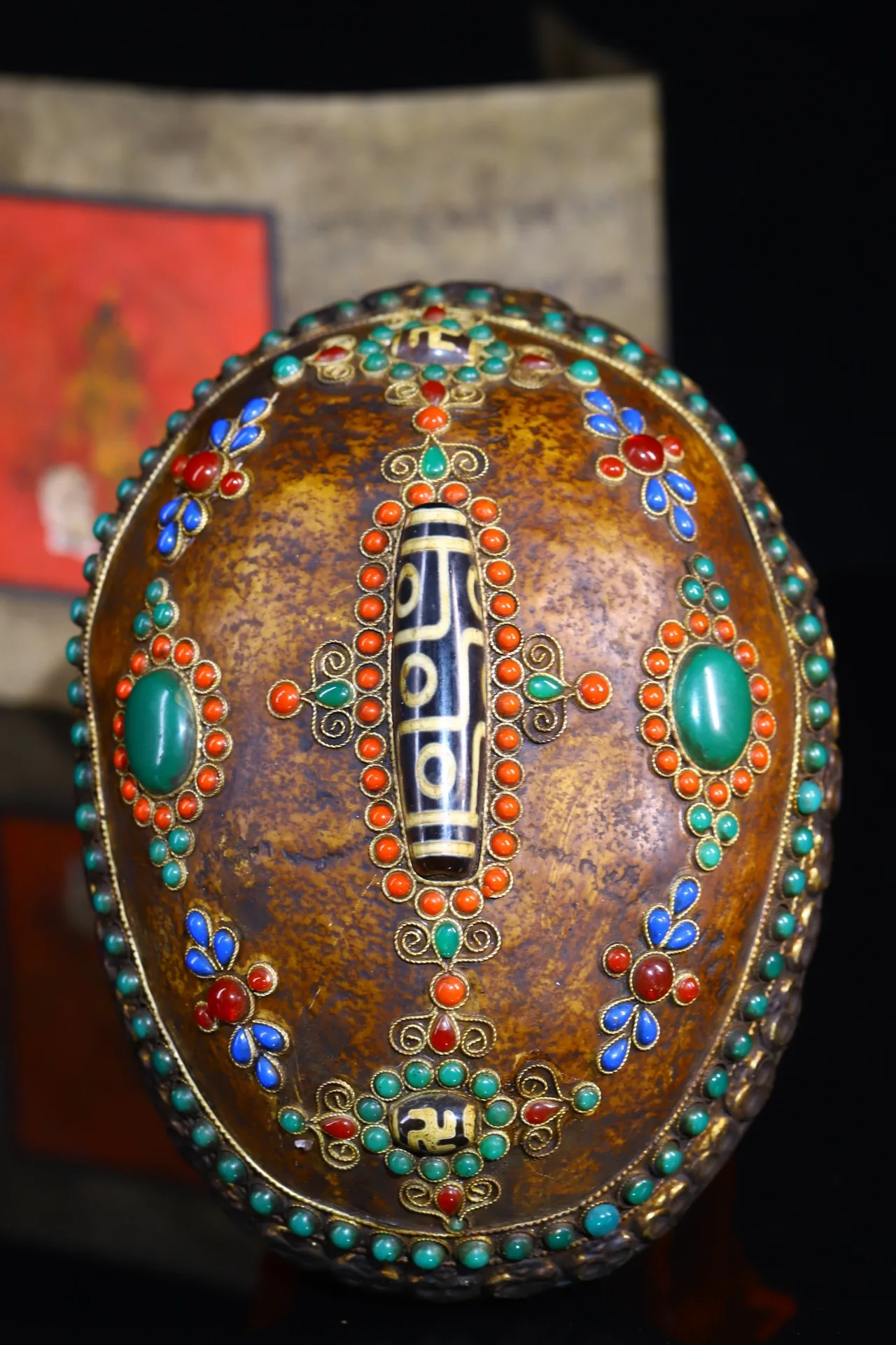 

7"Tibetan Temple Collection Old Gabala Bowl Tibetan silver Mosaic Gem Dzi Beads Gabala Bowl Skull Amulet Dharma Worship Hall