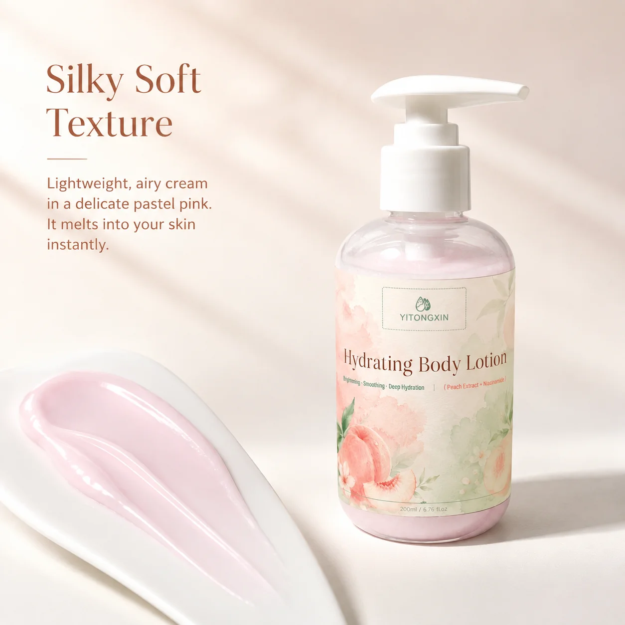 Hydrating Body Lotion with Peach & Niacinamide, Softens Keratin, Brightens, Evens Skin Tone. Daily After-Shower Care, Non-sticky
