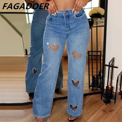 FAGADOER Fashion Love Hollow Out Denim Pants Women High Waist Button Straight Trousers Casual Female Elastic Cowboy Bottoms 2023