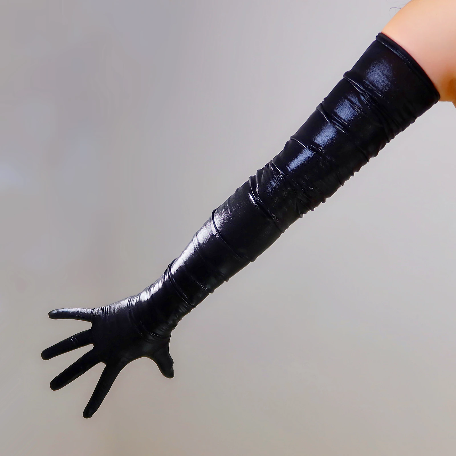 Metallic Ruched GLOVES 90cm Shoulder Long PLEATED Shine Thin Strechy Sparkle Liquid Material Evening Events Halloween Glove